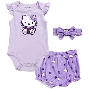 Hello Kitty Gift Set Purple Bodysuit Headband Shorts Purple White Glitter 0-9M